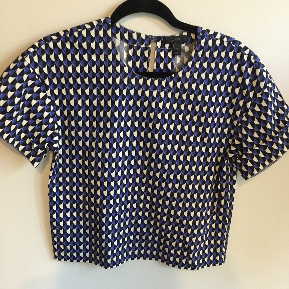 J Crew Size 0 Blue Black and White Patterned Top